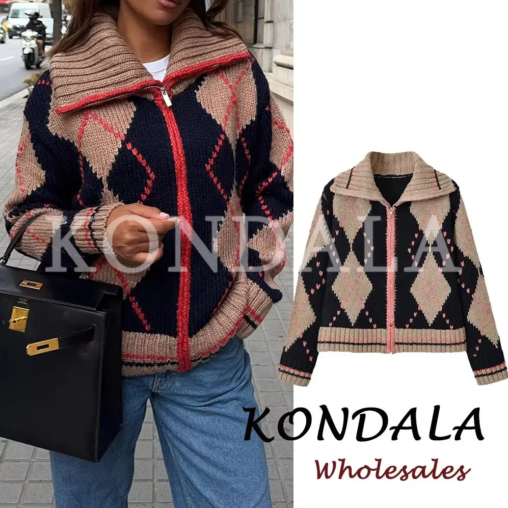 KONDALA Chic 2026 Diamond Autumn Warm Christmas Women Casual Knitted Outwear Elegant Zipper Vintage Fashion Female Loose Sweater