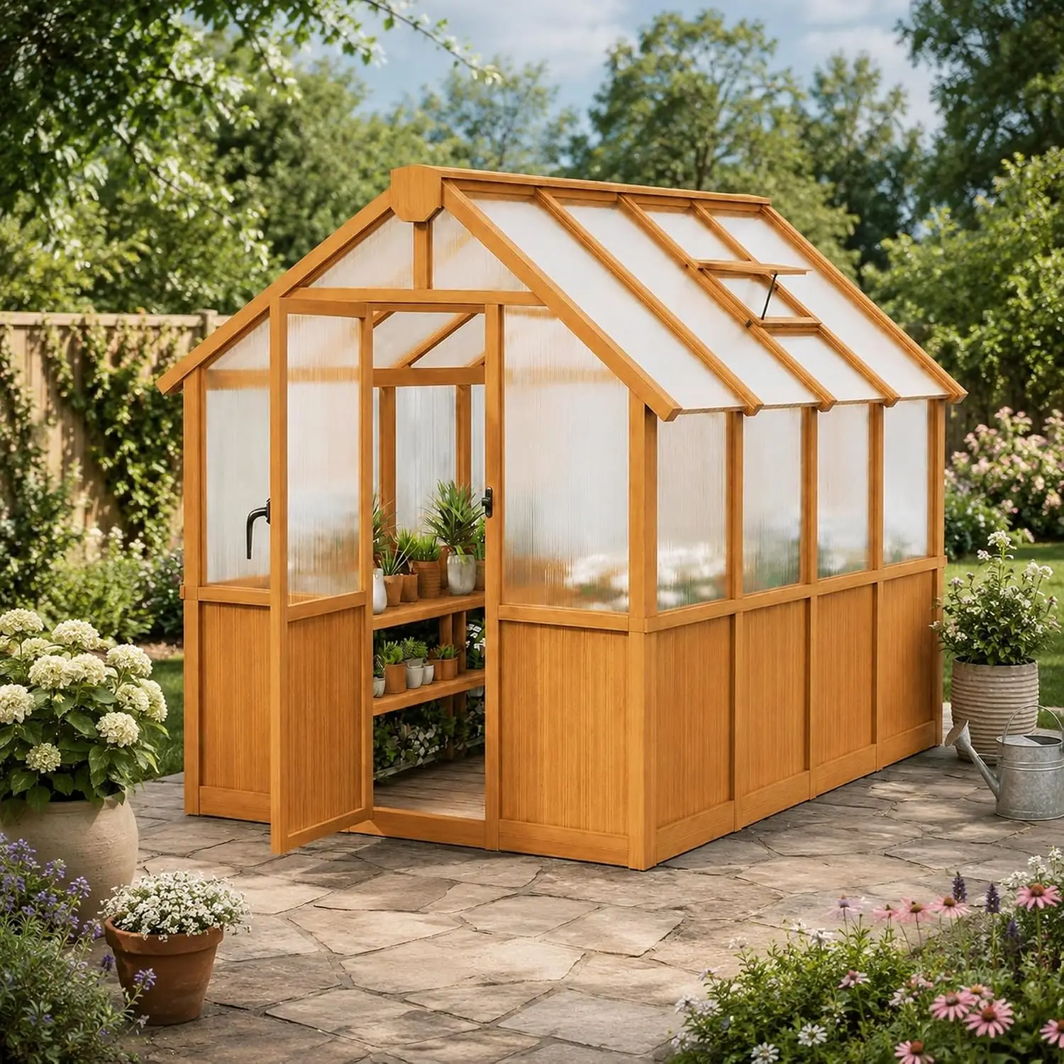 6x8 FT Wooden Greenhouse,Natural Wood Garden House for Plants,Heavy Duty Green House with Polycarbonate Panel,, Customized