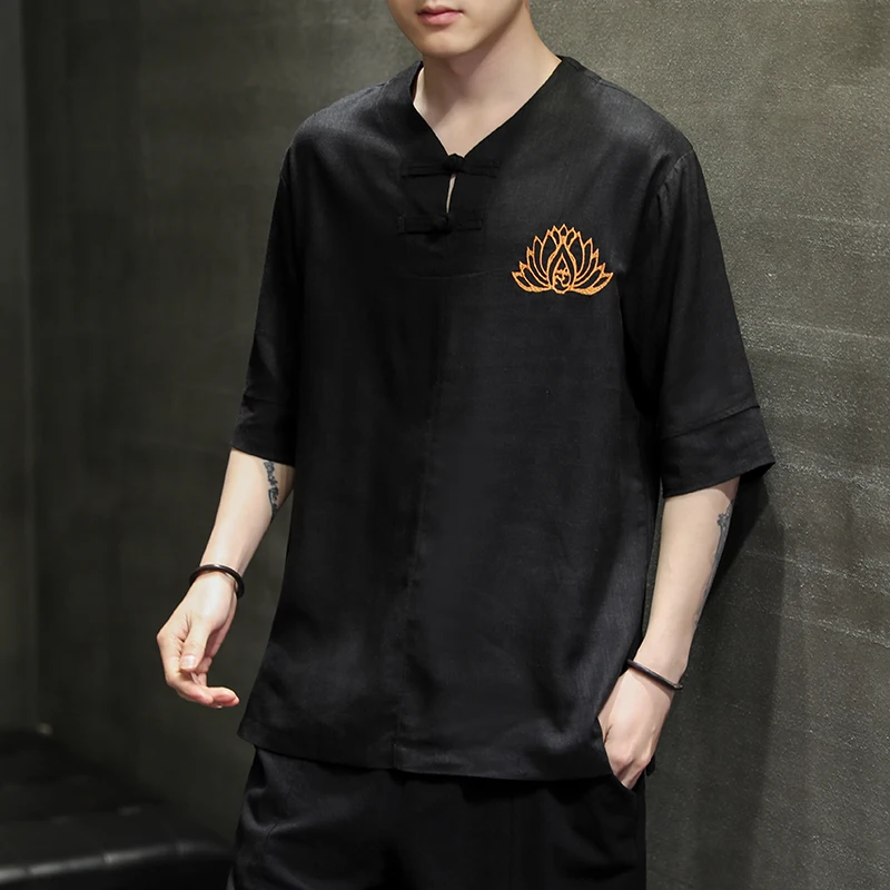 

Linen ort Sve T-irt Men's Retro Button up Cotton Linen Embroidered Chinese Sle Tang Suit Hanfu Breathable Summer Top