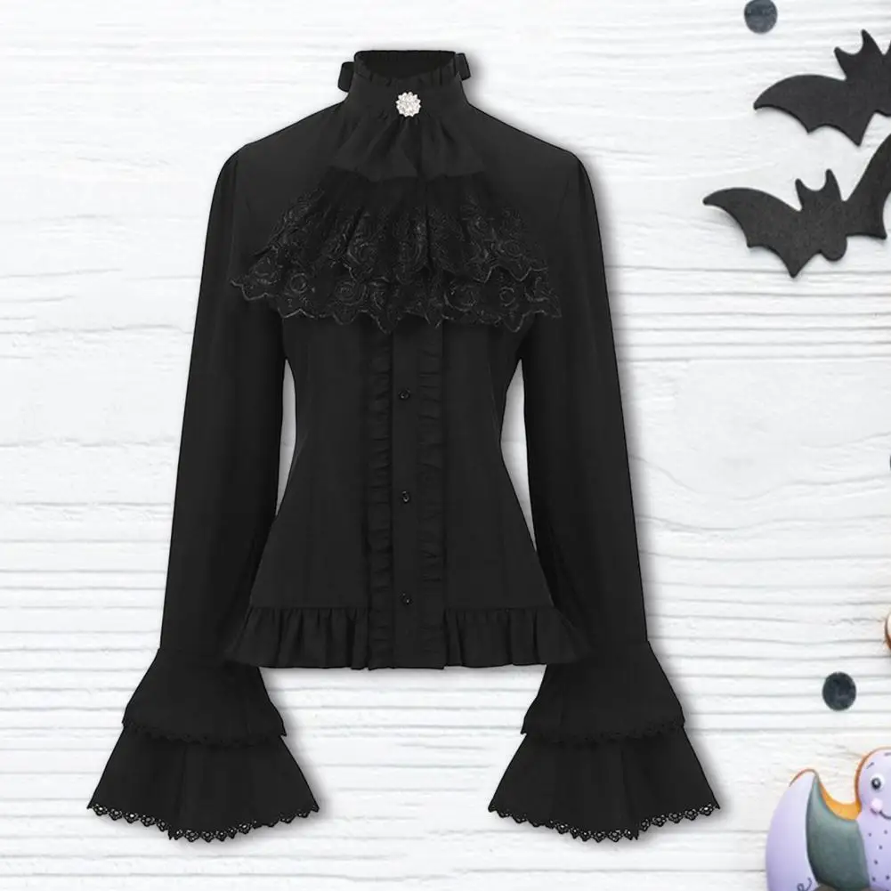 Halloween Medieval Lace Top Steampunk Style Turtleneck Bow Decor Long Bell Sleeves Shirring Pleated Cosplay Coat