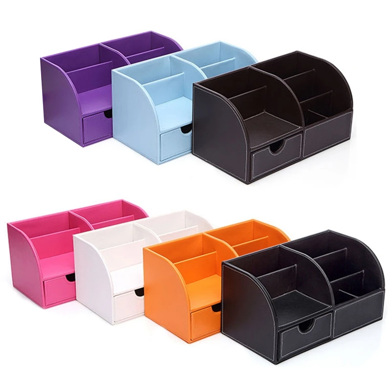 

A35Q-Multifunctional Leather Large Pen Holder Remote Control Cosmetic Storage Box Desktop Stationery Storage Box