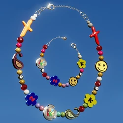 Y2K Hip Hop Multicolor Flower Necklace Ins Colorful Beading Chain Cross Necklace Choker Necklace Men Girls Women Jewelry