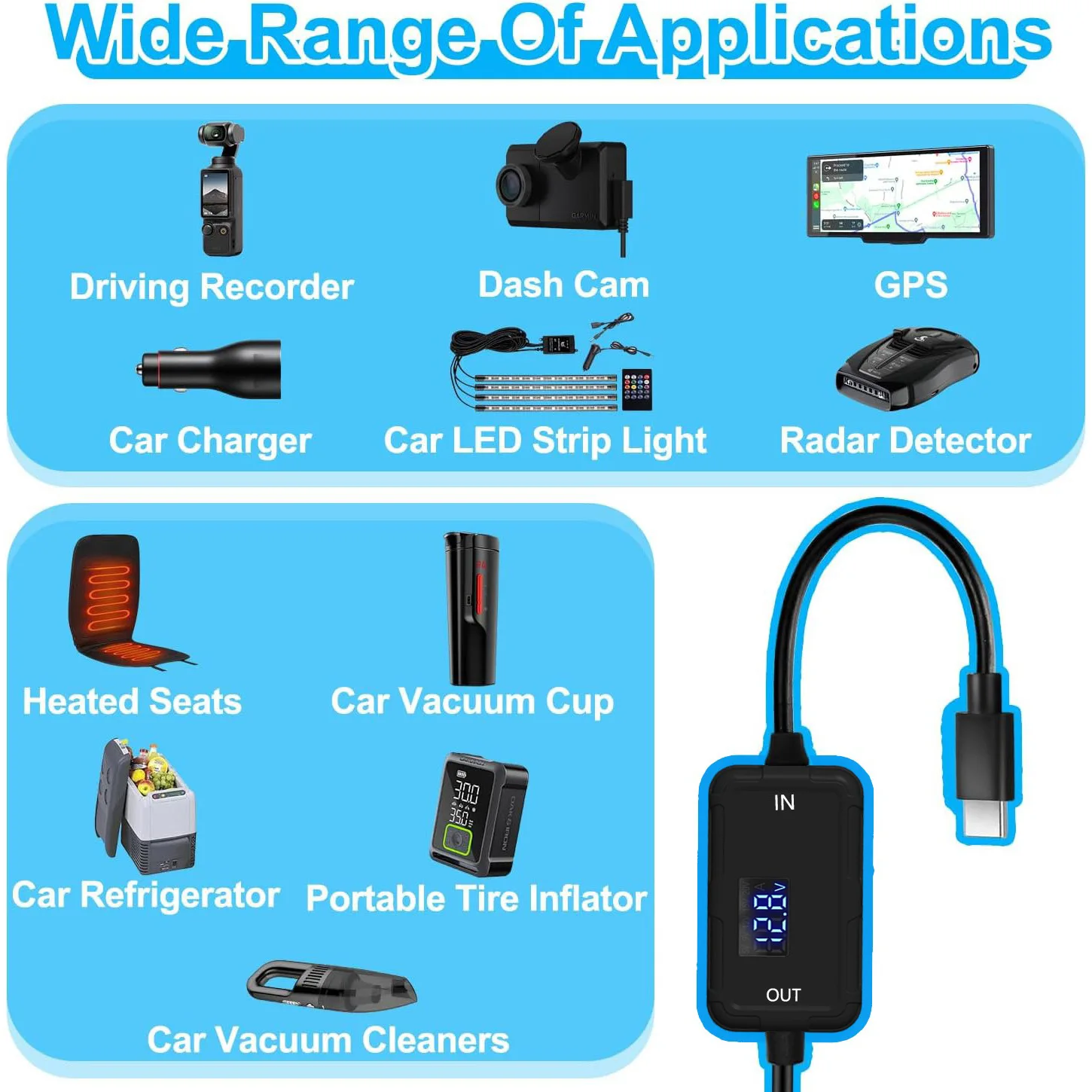 Type-C to Cigarette Lighter Female Socket 5V to 12V Adjustable Voltage Converter Power Adapter PD Cable Extender Car Accessories