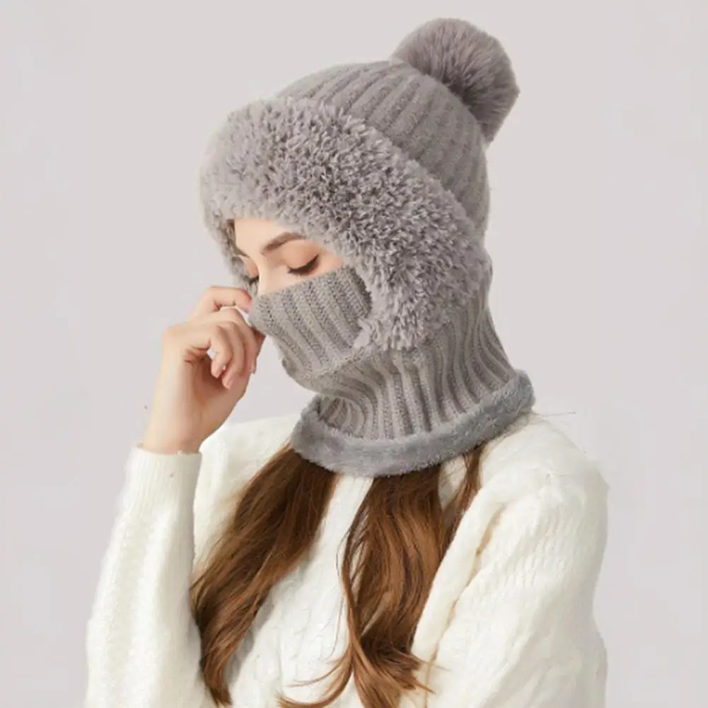 المرأة محبوك قبعة سميكة متماسكة نمط قبعة المرأة 3 في 1 وشاح محبوك قبعة مع أفخم الكرة ديكور يندبروف قبعة الثلوج لفصل الشتاء