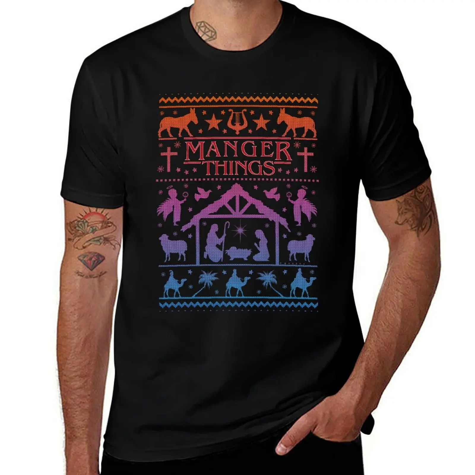 

Funny Ugly Christmas Sweater Manger Things Nativity Scene T-Shirt essential t shirt t shirts for man cotton soft T-Shirt