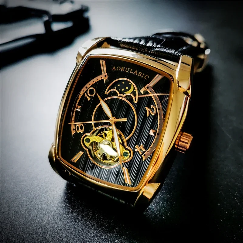 

AOKULASIC Top Brand Automatic Watch Men Mechanical Mens Tourbillon Watches Fashion Waterproof Luxury Moon Tonneau relojes hombre