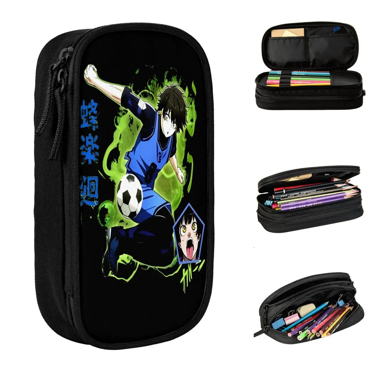 Meguru Bachira مقلمة قفل زرقاء متعة مانغا كرة القدم أنيمي صندوق القلم أكياس طالب تخزين كبير اللوازم المدرسية قلم رصاص الحقيبة