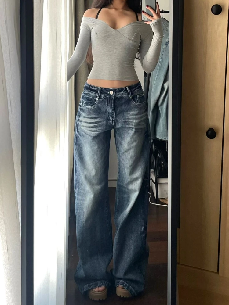 HOUZHOU Y2k Vintage Baggy Wide Leg Jeans dla kobiet Washed Casual High Waist Loose Denim Pants Streetwear Korean Flared Trousers