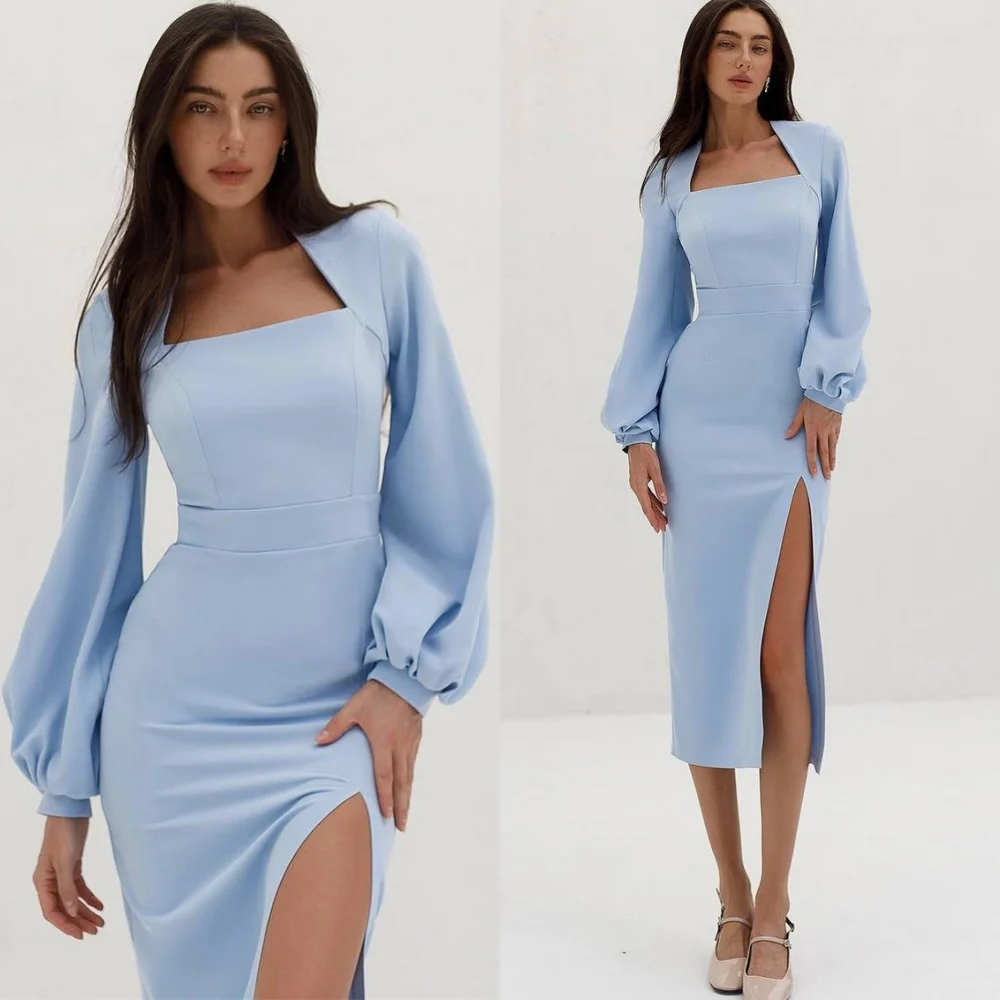 Robe de soirée en Jersey bleu moderne personnalisée, sans bretelles, manches longues, robes de célébrité, fermeture éclair au dos, robes de soirée