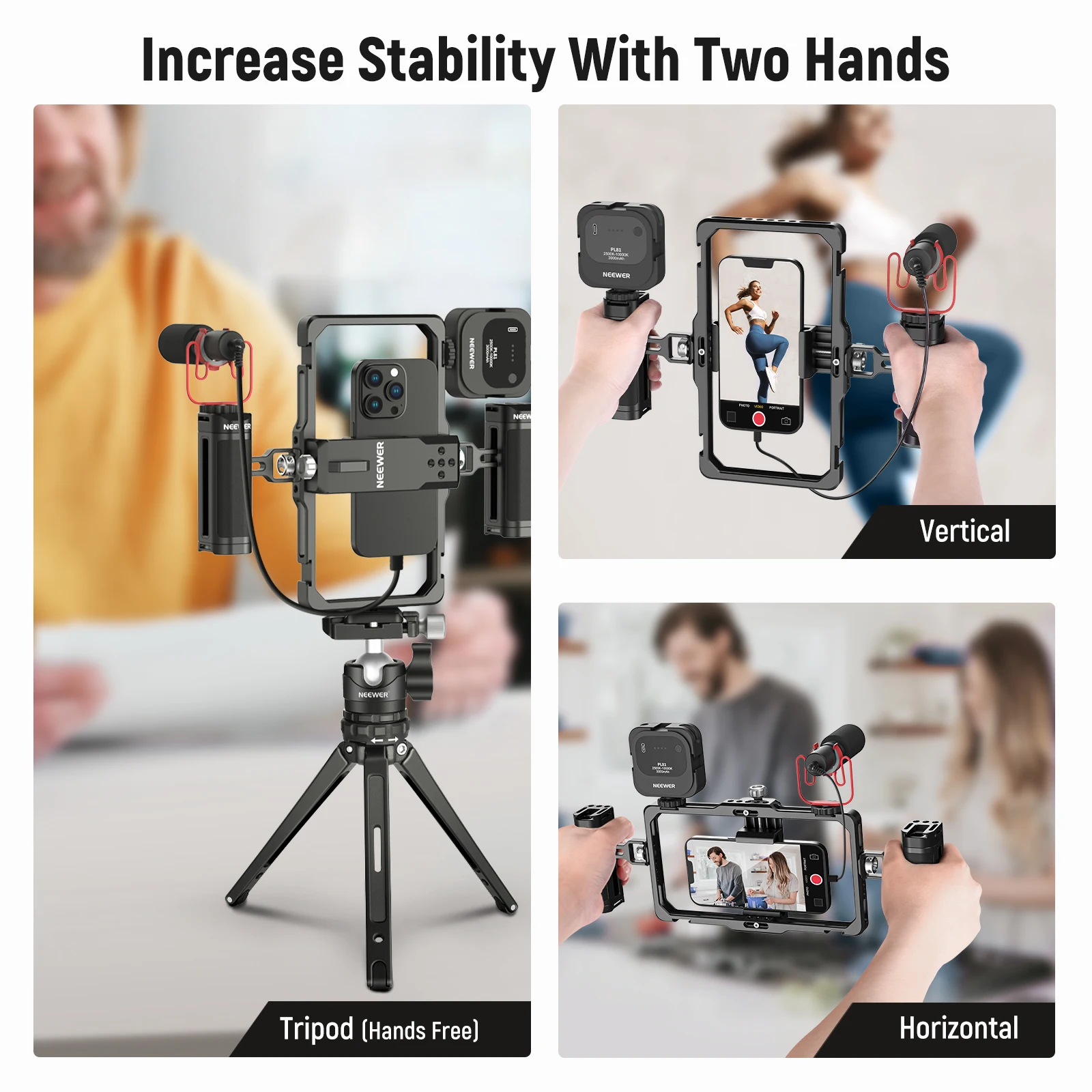 NEEWER Phone Rig Vlogging Kit Video Stabilizer with Dual Handle Wireless Mic Clip For iPhone 15 14 Pro Max 13 Pro Max Galaxy S23