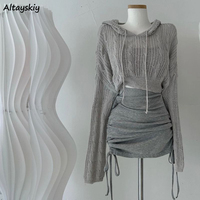 Women Sets Grey Classic Long Sleeve Pullovers Camis Skirts 3pcs Hooded Drawstring Fashion Gentle High Street Folds Streetwear