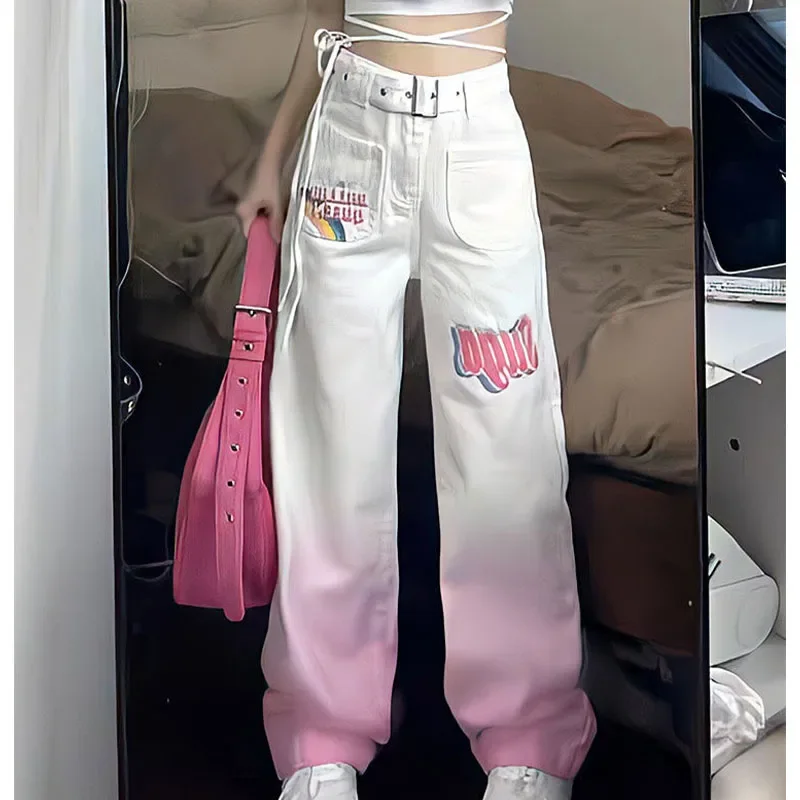 Individualized Street Hip Hop American Retro Gradient Pink Jeans Autumn High Waist Zipper Button Pocket Washed Straight Trousers