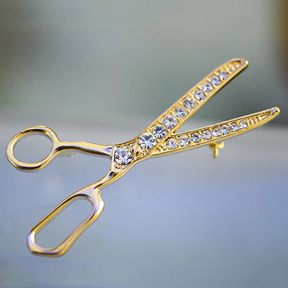 Lovely Handmade Rhinestone Scissor Gold-Plated Brooch Pin Jewelry Best Xmas Gift