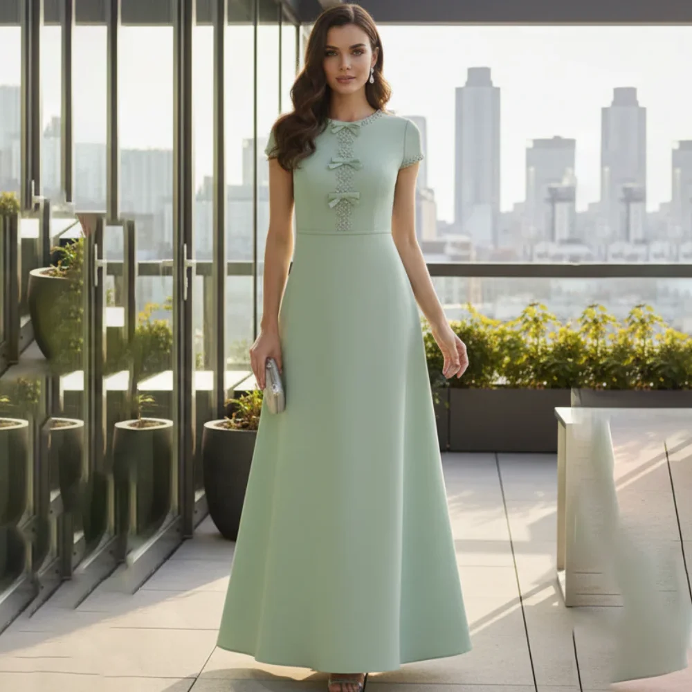 

Customized Mother Of Bride Dresses Sage Green Short Sleeve Beaded O-Neck Bow Floor Length A Line Cap Sleeves Wedding Guest Gown