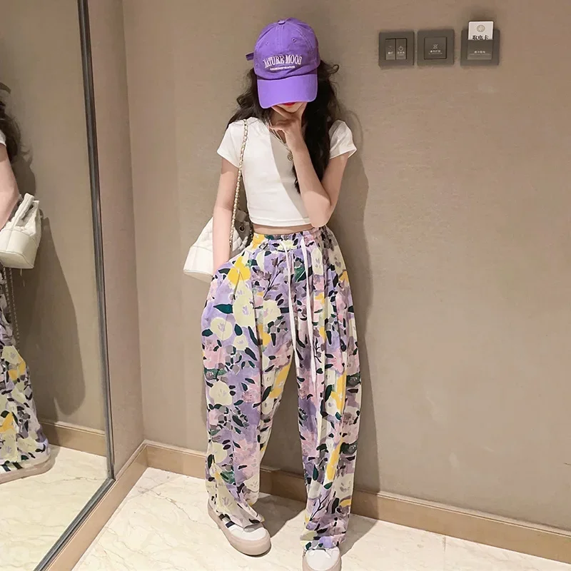 

Children Summer Clothing Set Casual T-shirt Print Wide Leg Pants Two Pieces Teenage Kids Outfits 12 14 15 16 Years Girls Clothes