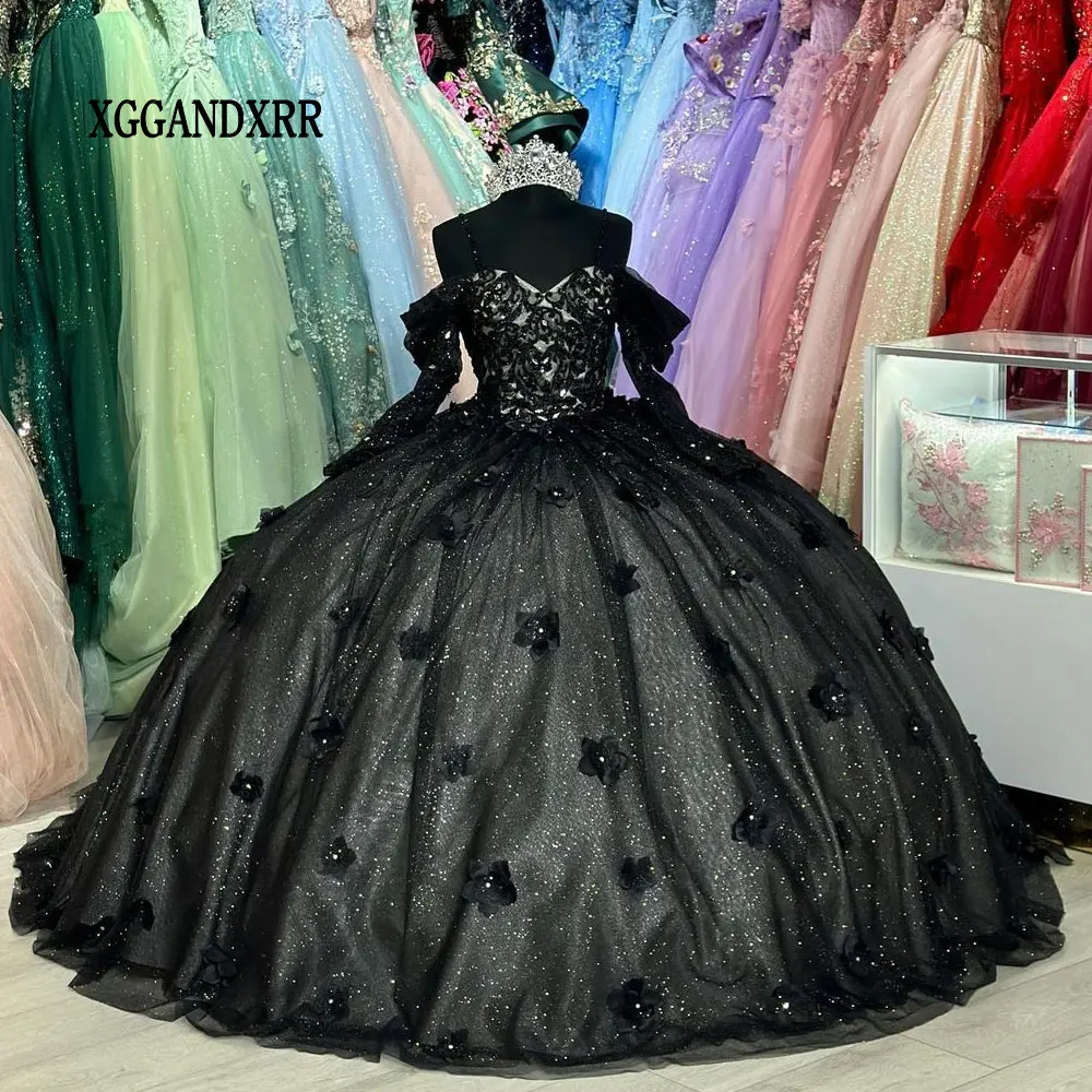 

Elegant Ball Gown Black Quinceanera Dresses 2024 Real Long Sleeves Sweet 16 Dresses Lace Applique 3D Flowers Vestido De 15 Anos