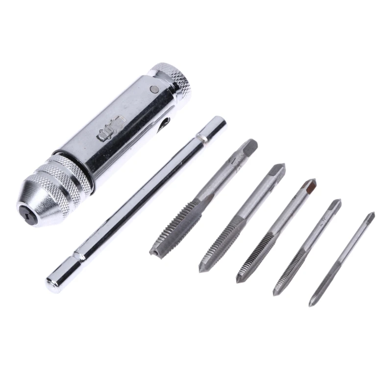 T-Handle Ratchet Tap Holder Wrench Adjustable with 5pcs M3/M4/M5/M6/M8 Machine Screw Thread Metric Plug Tap Thread 6 Pcs