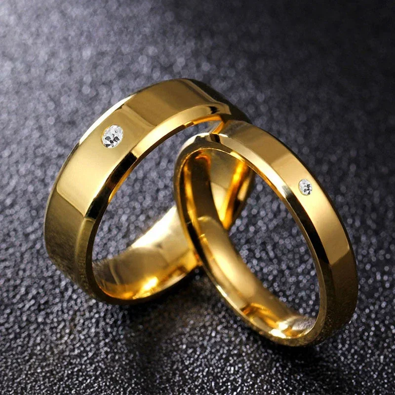 Gold Cubic Zirconia Stainless Steel Men And Women Rings Bride Wedding Engagement Fashion Jewelry Custom Lettering Gift