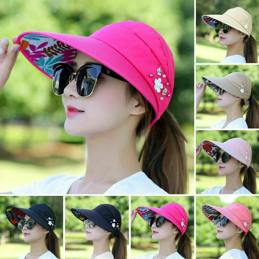 Casual Women Summer Wide Brim Sun Visor Hat Adjustable UV Protection Foldable Sport Empty Top Cap Beach Cap Fast Dry Cap