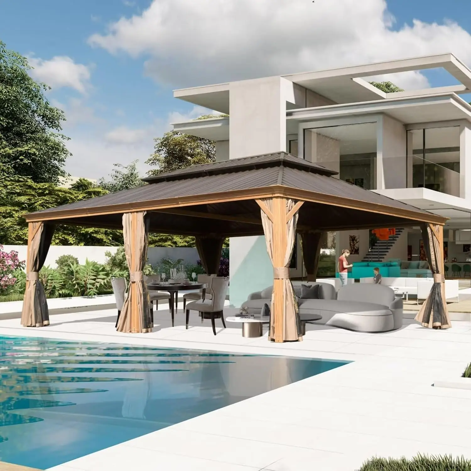 Domi 14'x22' Hardtop Gazebo Canopy,Outdoor Aluminum Gazebo with Galvanized Steel Double Roof, Extra Large Permanent Gazebo Pavil