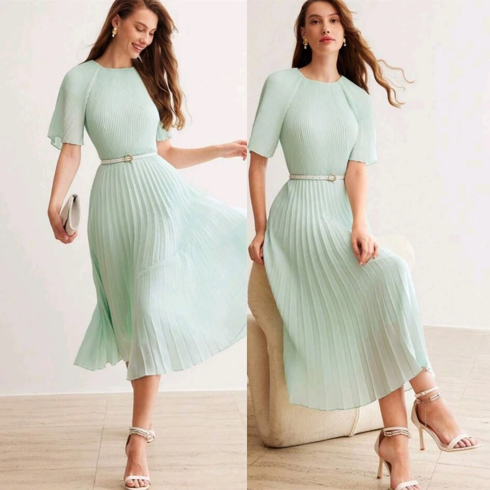 

Customized Modern Chiffon Evening Dress Exquisite O-Neck Sashes Prom Dresses Temperament Short Sleeves Special Occasion Gowns