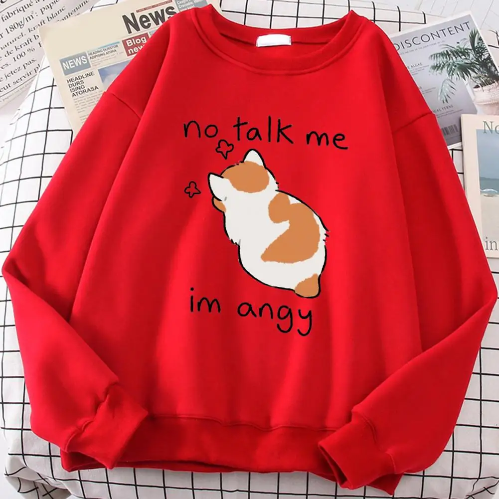 Women Winter Sweatshirt Cartoon Cat Print Long Sleeves Round Neck Loose Warm Pullover Soft Winter Sweatshirt Female Clothing