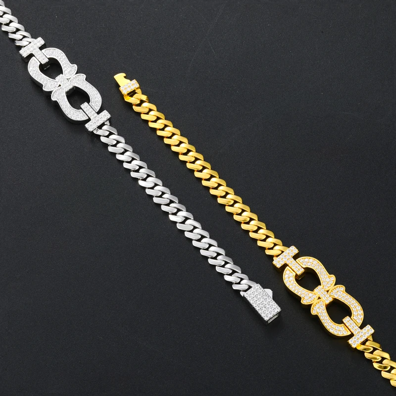 TUHE Silver Plated Copper Cuban Link Bracelet Iced Out Cubic Zirconia Double Horseshoe Charm For Men Hip Hop Jewelry Party Gift view 3