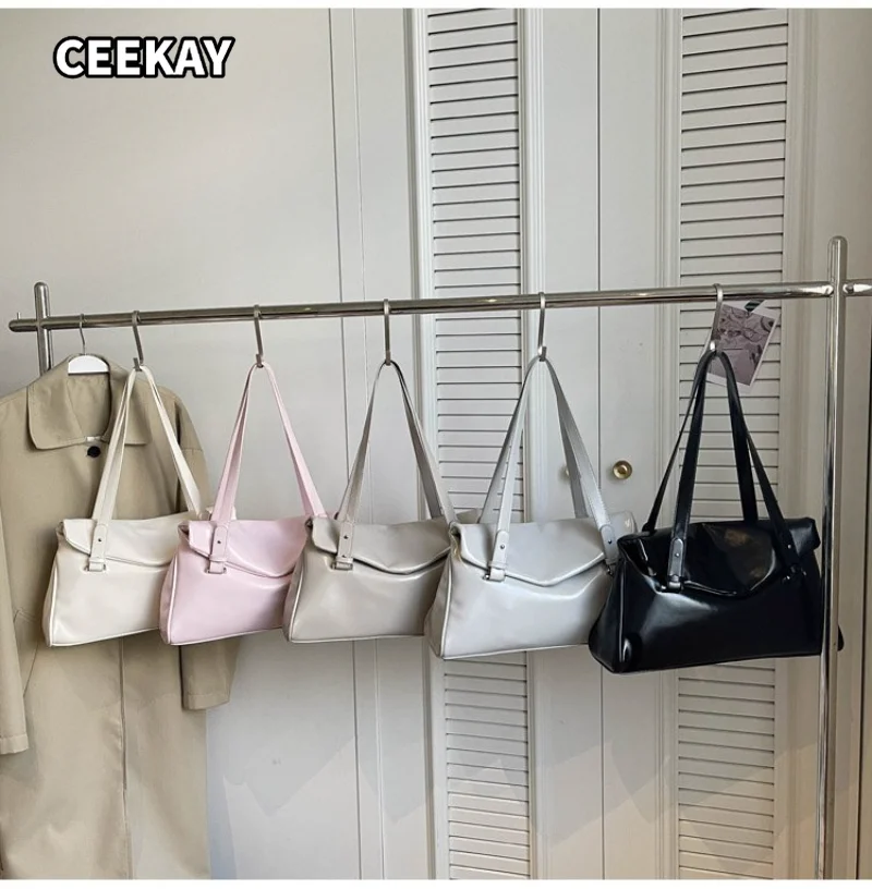 

CEEKAY Women's Shoulder Bag Cream White Glossy PU Leather Large Hobo Handbag Double Buckle Detail Daily Casual Minimalist