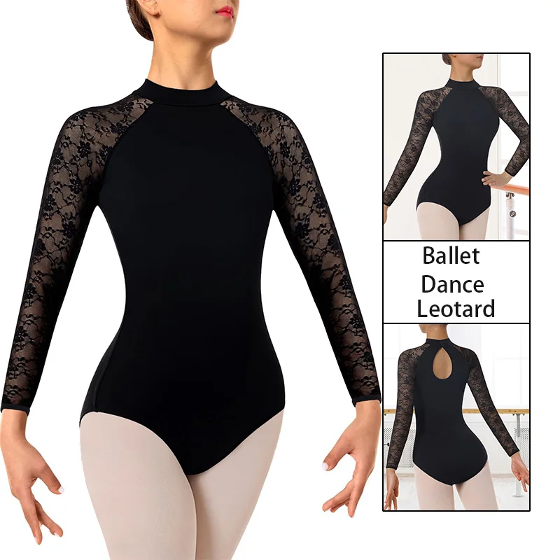 Women's Floral Lace Splicing Ballet Dance Leotards for Adult Gymnastics Dance Tops with Soft Front Lining Ballet Clothes