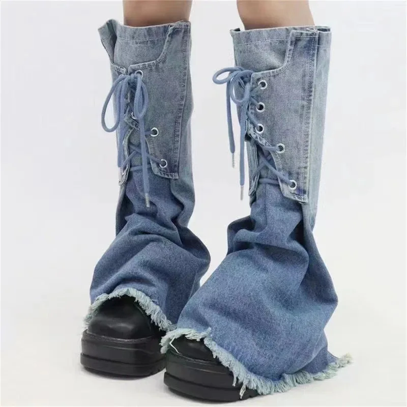 Fashion Denims Leg Warmers Strappy Tassel Mid Calf Stacked Boot Socks Unisex Gradient Cowboy Leg Boot Cuffs Sock