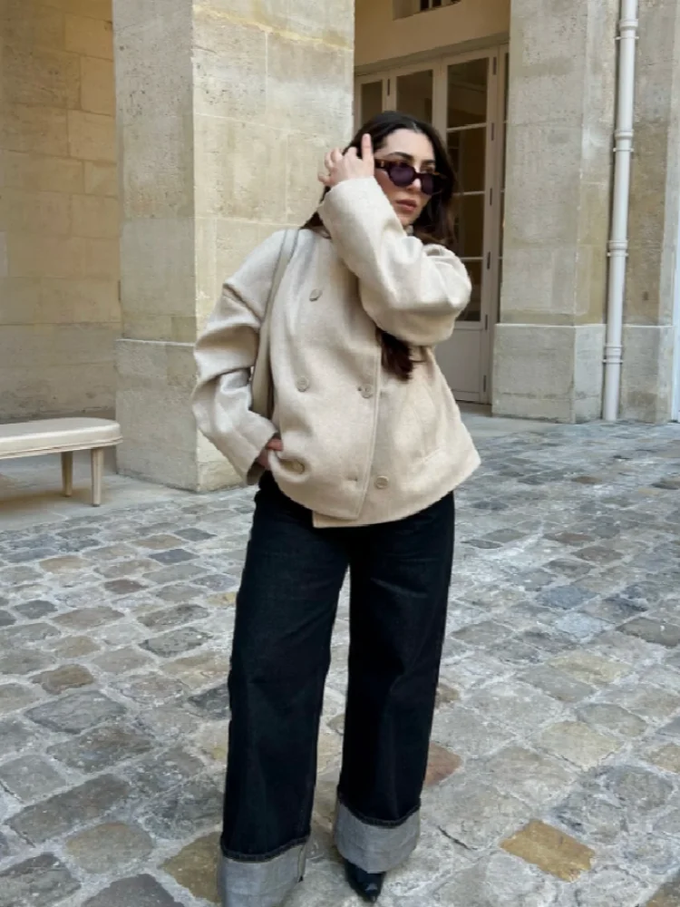 

Elegant Women's Coat High Stand Collar Double Breasted Full Sleeve Solid Female Coats 2025 Autumn Fashion High Street Lady Top