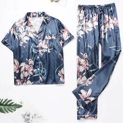 Pajamas For Women Silk Satin Sleepwear Spring Long Sleeve Top With Trouser Homewear Pyjama Flower Print Pajama Pants Lounge Sets