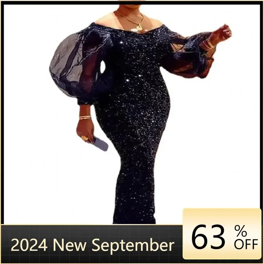 

2024 African Dresses for Women Summer Sexy Long Sleeve Fashion Sequins Maxi Dress Africa Clothing African Women Pencil Dresses