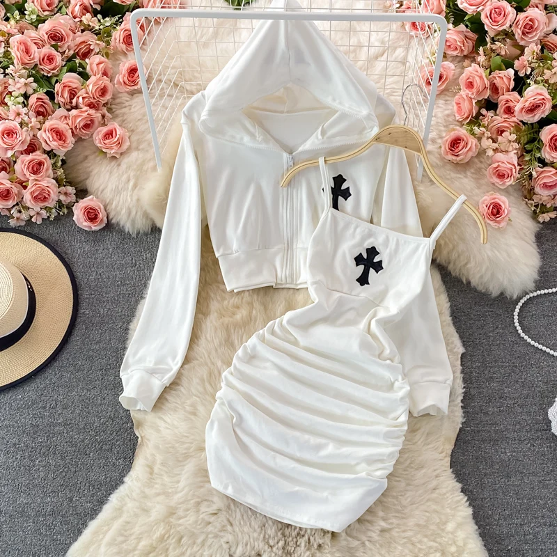 

Embroidered hooded sweater women's loose short jacket two-piece set elastic suspender dress
