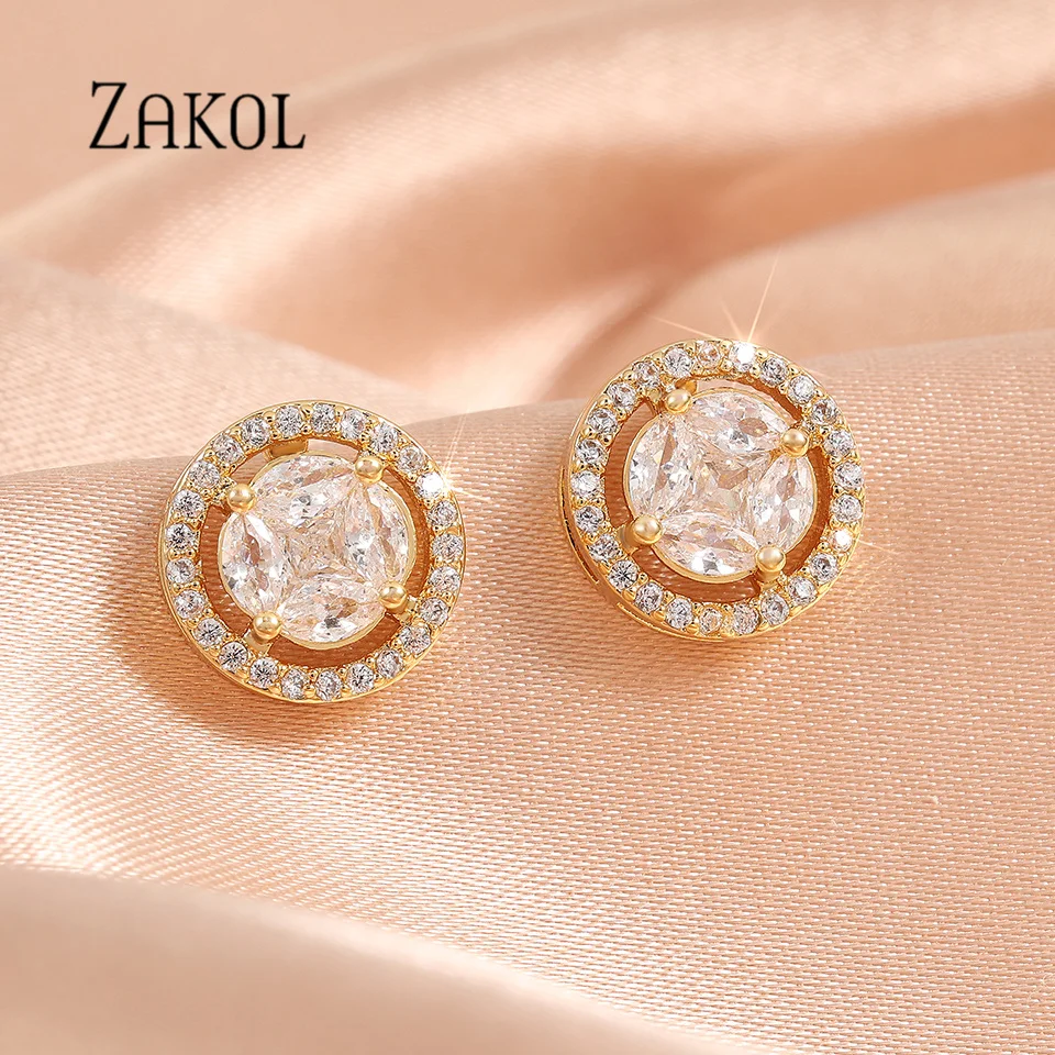 ZAKOL Simple Fashion Gold Color Copper Inlaid Zircon Stud Earrings For Women Luxurious Exquisite Daily Wear Charming Jewelry