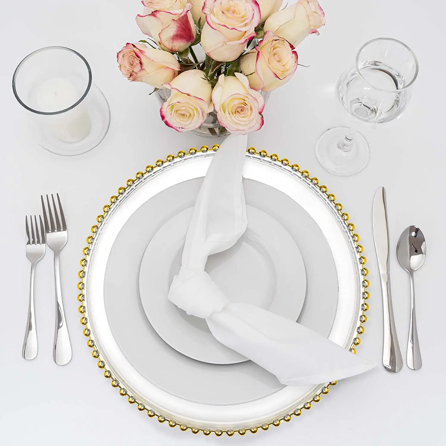 Clear Charger Plate with Gold Beads Rim, Wedding Party Decor, Acrylic Plastic Decorative Dinner Serving, 100 PCs, 200PCs