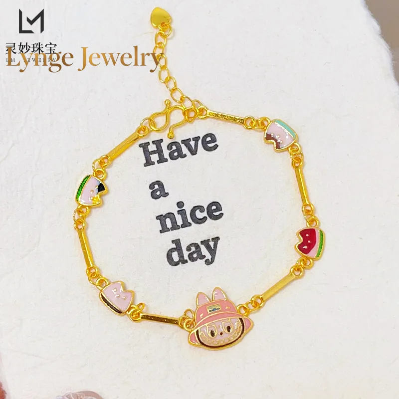 Lynge Jewelry The same style as 999924K real gold ancient method burnt blue rabu bouquet bracelet pink cat jewelry cute sweet gi