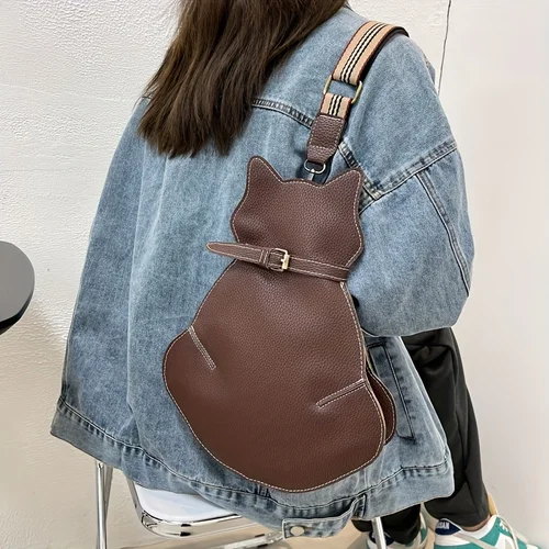 Imagen 2 del producto Bolso de hombro con forma de gato, bolso bandolera de cuero PU vintage, bolso cruzado kawaii para mujer