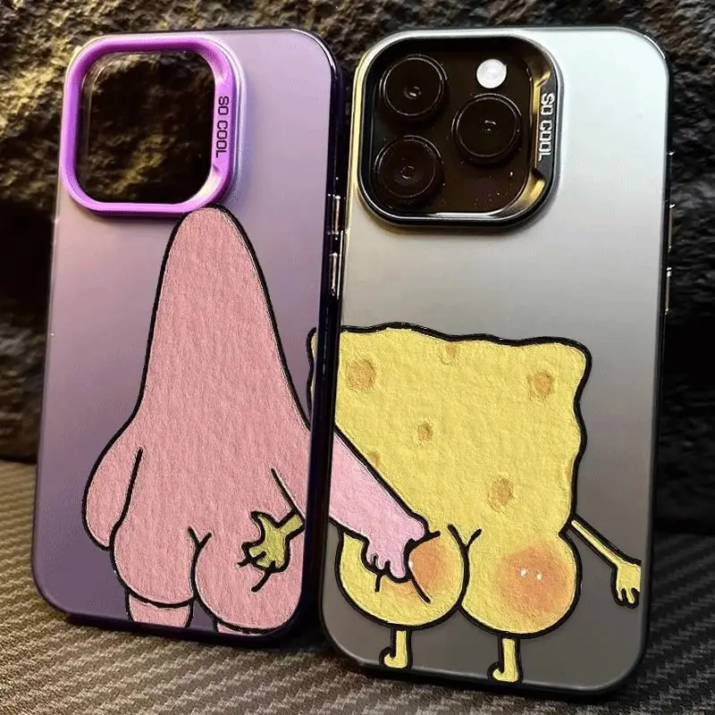 Coque antichoc colorée argentée pour iPhone 17, iPhone 16 Pro, 13/12, XS, motif couple Bob l'éponge et Patrick Star, cadeau d'anniversaire
