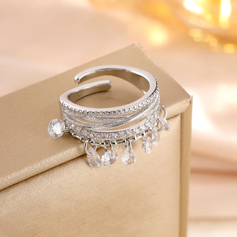 ZAKOL Fashion Multi Layers Water Drop Zircon Tassel Statement Rings For Women Exquisite Adjustable Open Ring Gift