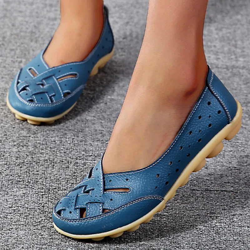 Fashion Genuine Leather Women Flats Bowtie Round Toe Flat Shoes Slip On Women Shoe Hollow Footwear Plus Size Zapatos Mujer