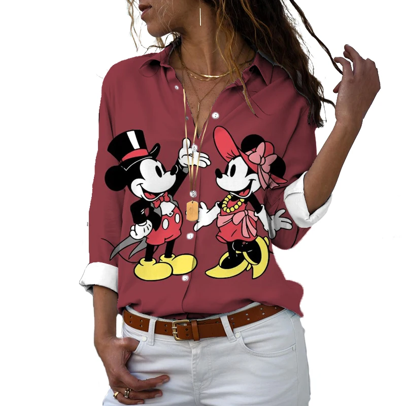 Camiseta ajustada de Mickey y Minnie para mujer, camisa informal de manga larga con botones y botones, estilo Harajuku, y2k