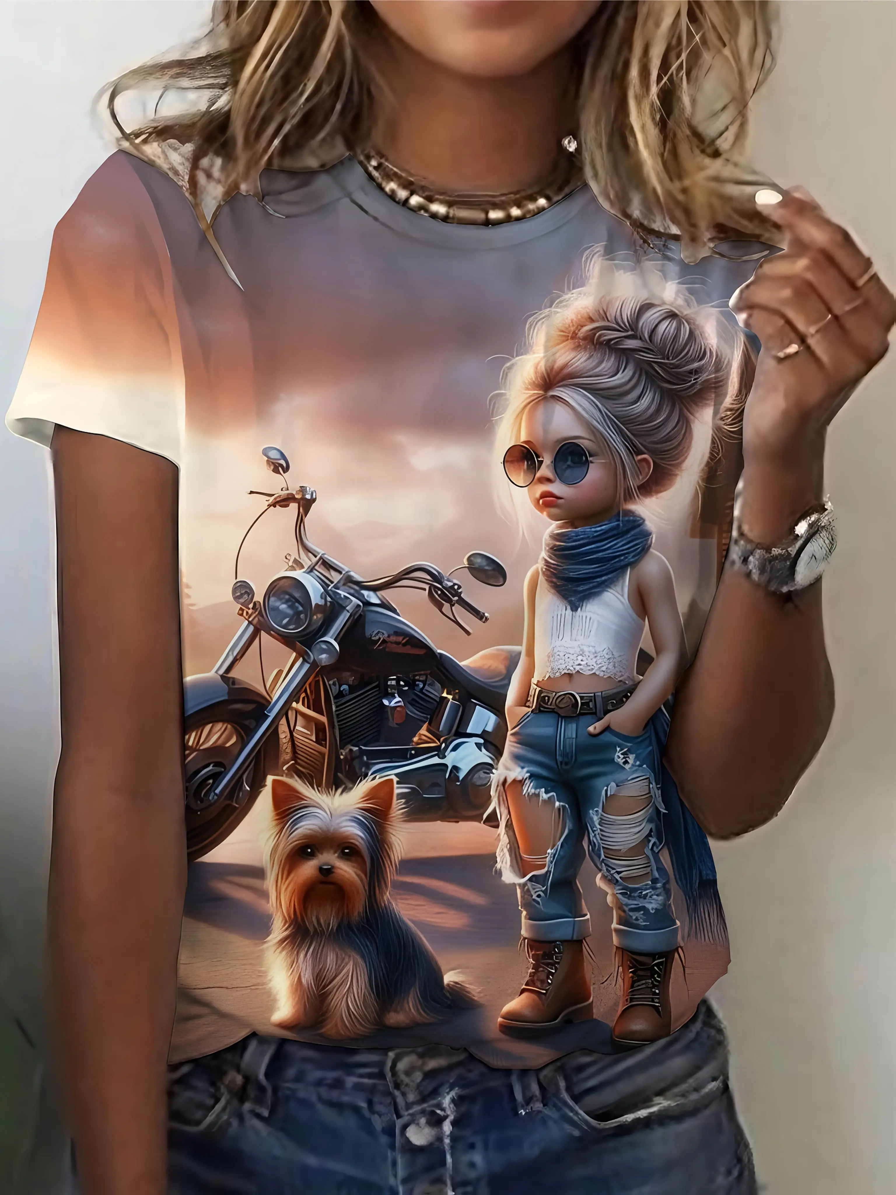 Summer Cool Motorcycle Girl 3D Print T-Shirts Women Short Sleeve Round Neck T Shirt Harajuku Y2K Casual Tees Top Female Clothing