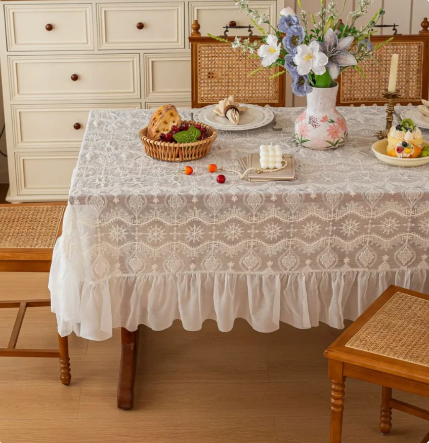 French Vintage Ruffled Tablecloth, Hollow Embroidered Lace Table Cover, Non-slip High-end Home Dining Table Decor