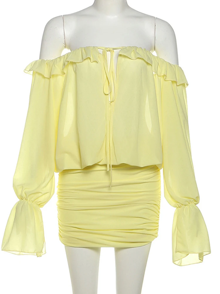 Oniflyme Flare Sleeve Off Shoulder Mini Dress Women Sexy Ruffles Slash Neck Hollow Out Backless Bodycon Robes Slim Party Dresses