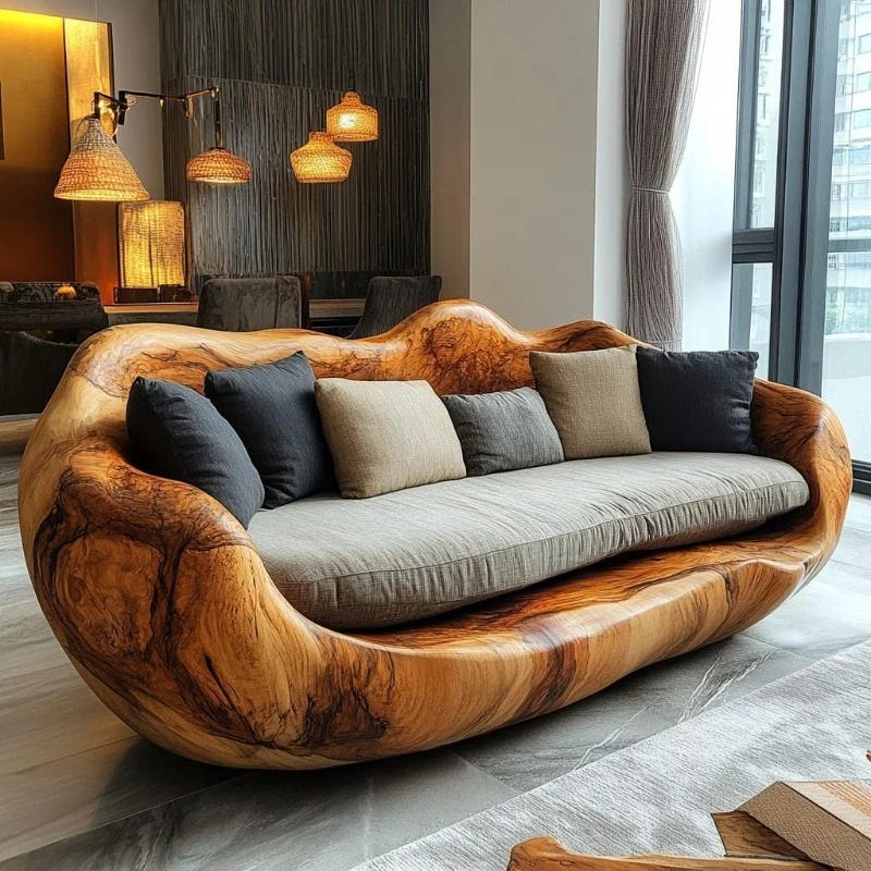 Wabi Sandy wind solid wood sofa, ancient special-shaped sofa in the living room, sofa
