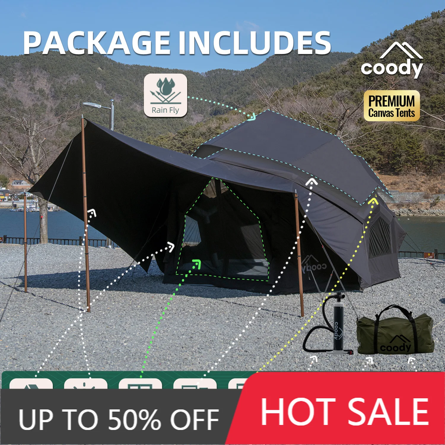 Coody Bestona Black Inflatable Tent 3-8 Person Large Luxury Unique Outdoor Family Camping Air Tent