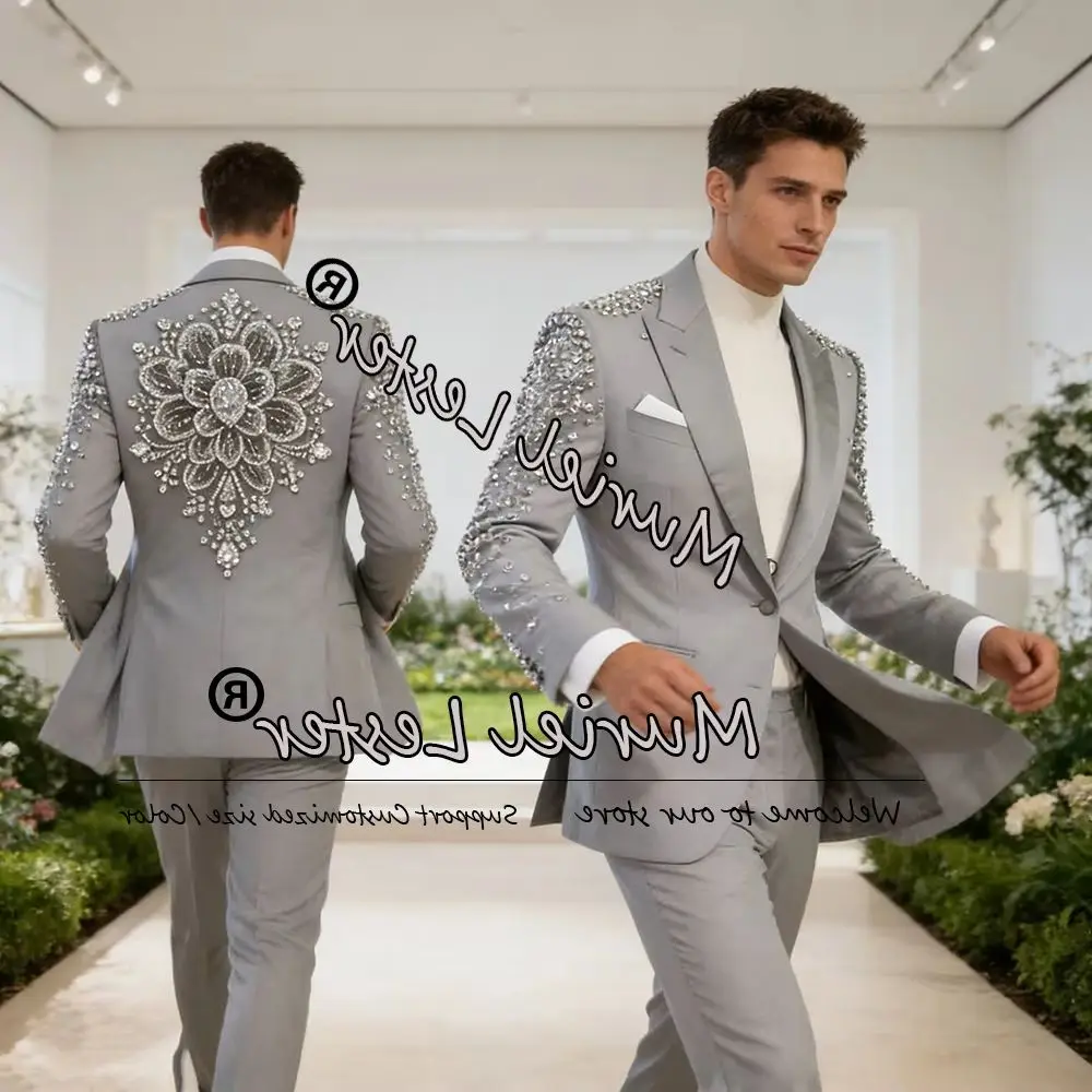 

Designer Men's Suits Crystals Beaded Jacket Pants 2 Pieces Sets Groom Formal Party Wedding Tuxedos Customized Terno Masculinos