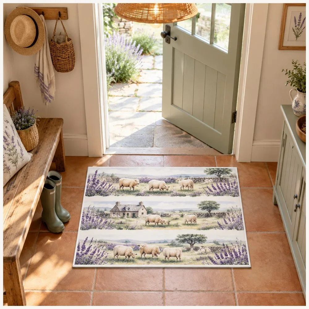 VIKAMA Shepherds Meadow Door Mat, Modern Non Slip Flannel Rug, Country Charm Floor Mat for Conservatory, Dining Room, Bathroom