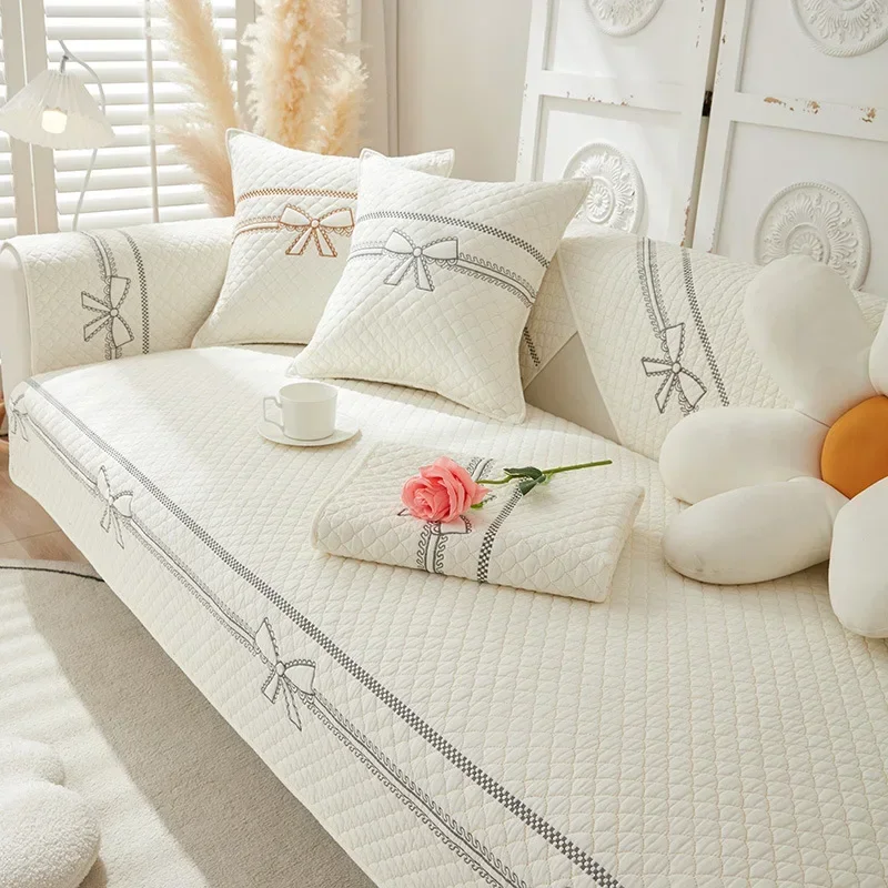 White Bow Printing Sofa Cover Cotton Washed Sofa Cushion Winter Living Room Decor Pillowcase Back Couch Cover Pillow Case